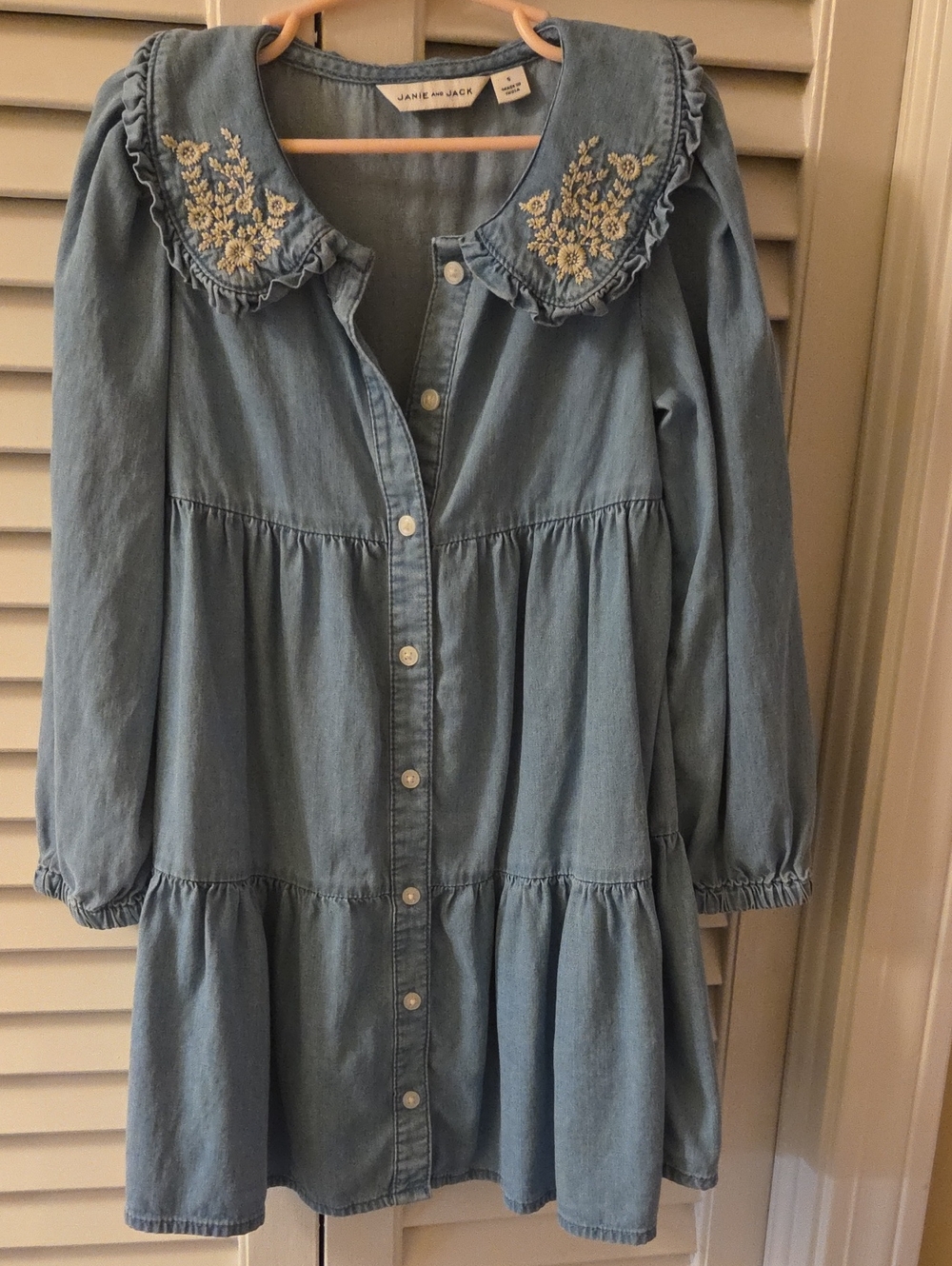 Janie and Jack Light Denim Embroidered-Collar Tiered Dress